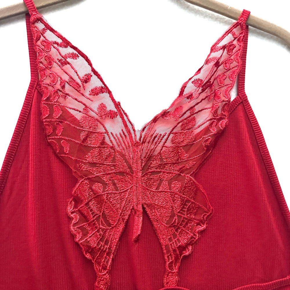 Y2K Butterfly Back Camisole Tank Top Red Ribbed Lace Womens Large